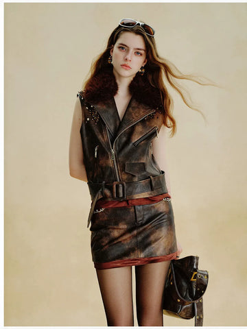 Distressed Faux Leather Mini Skirt
