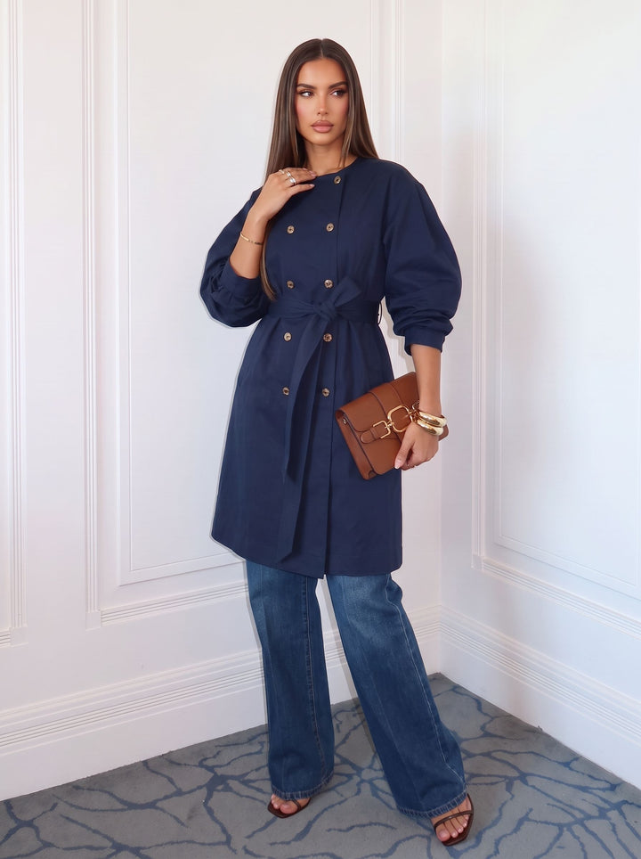 Double Breasted Belted Navy Trench Coat