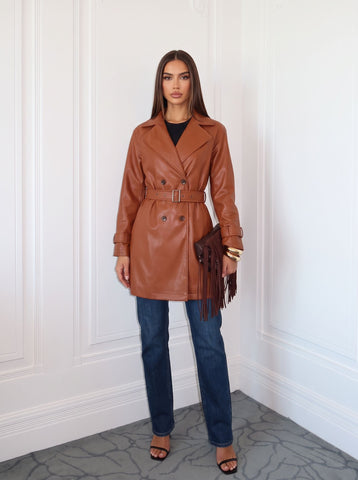 Belted Double Breasted Faux Leather Jacket