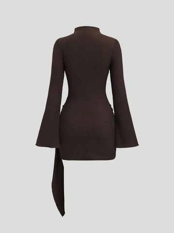 Textured Ruched Buckle Detail Mini Dress