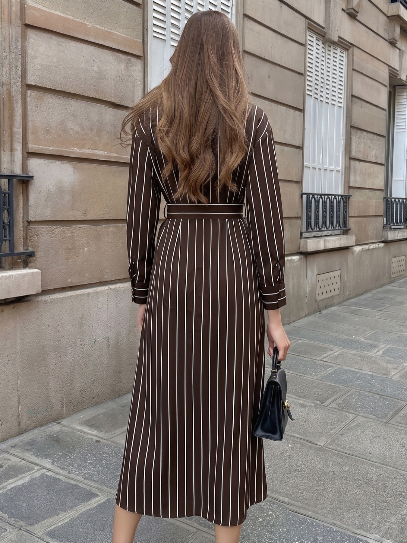 Elegant Striped Belted Shirt Dress
