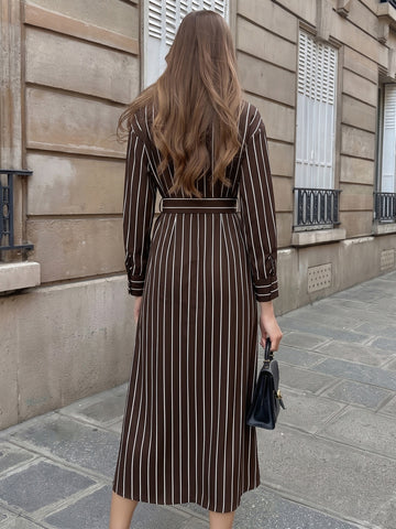 Elegant Striped Belted Shirt Dress