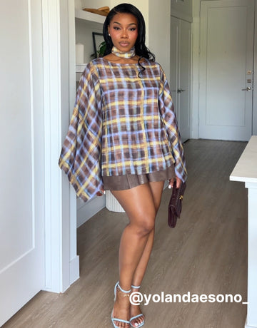 Plaid Bardot Neck Blouse