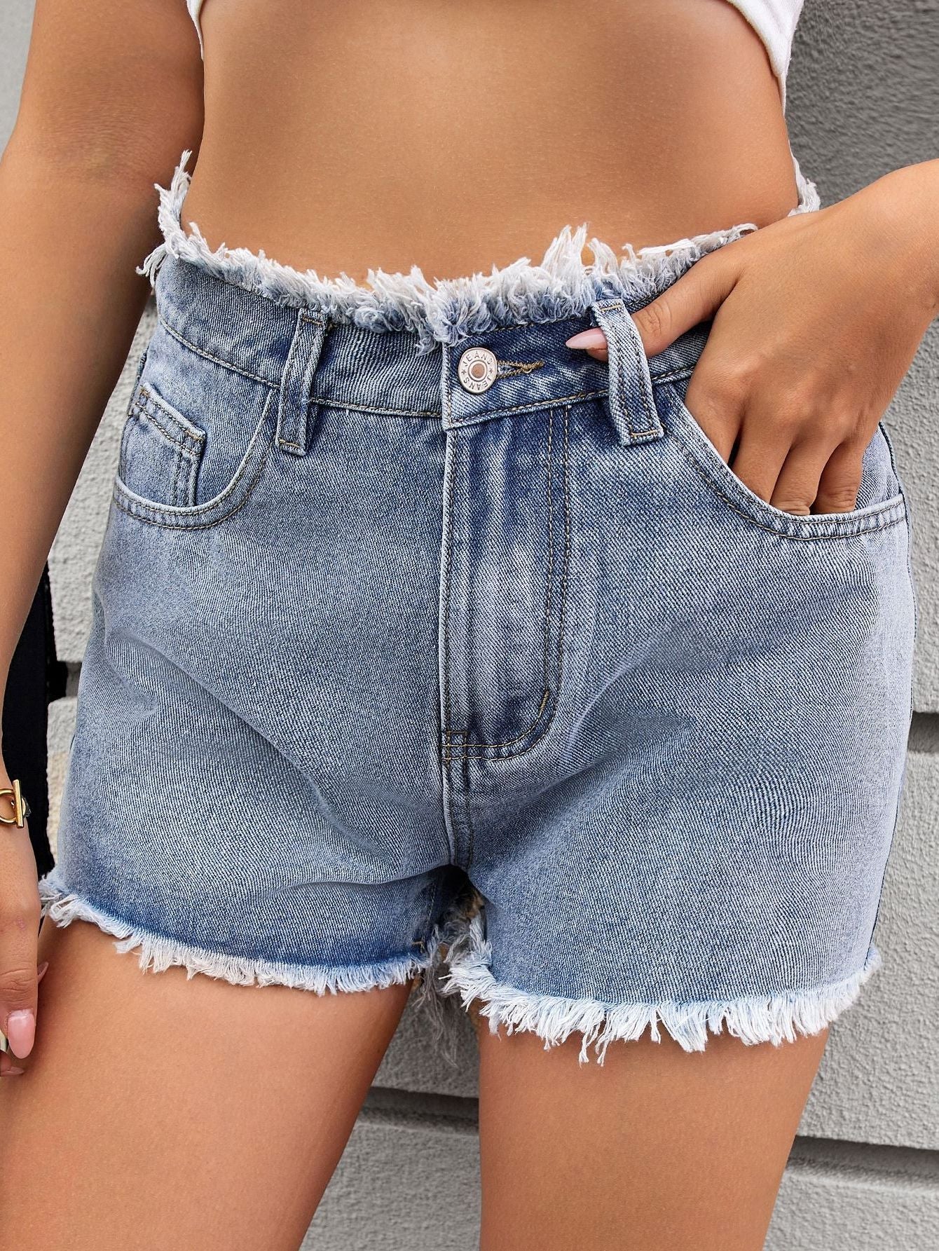 High Waisted Raw Hem Denim Shorts