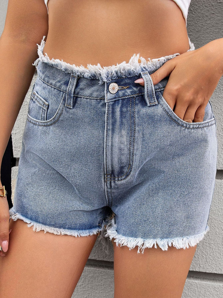High Waisted Raw Hem Denim Shorts