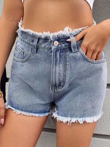 High Waisted Raw Hem Denim Shorts