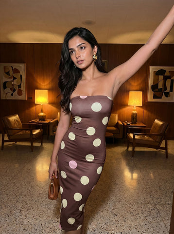 MAIA Retro Polka Dot Print Strapless Sheath Midi Dress