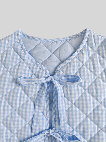 Quilted Gingham Tie Front Jacket