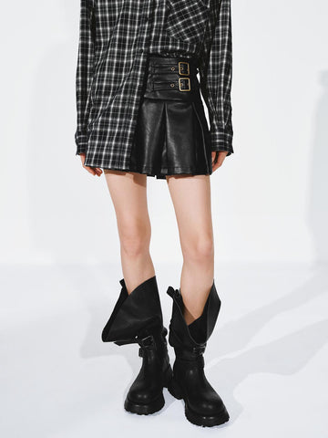 Urban Revivo Faux Leather Buckle Detail Pleated Mini Skirts-Black