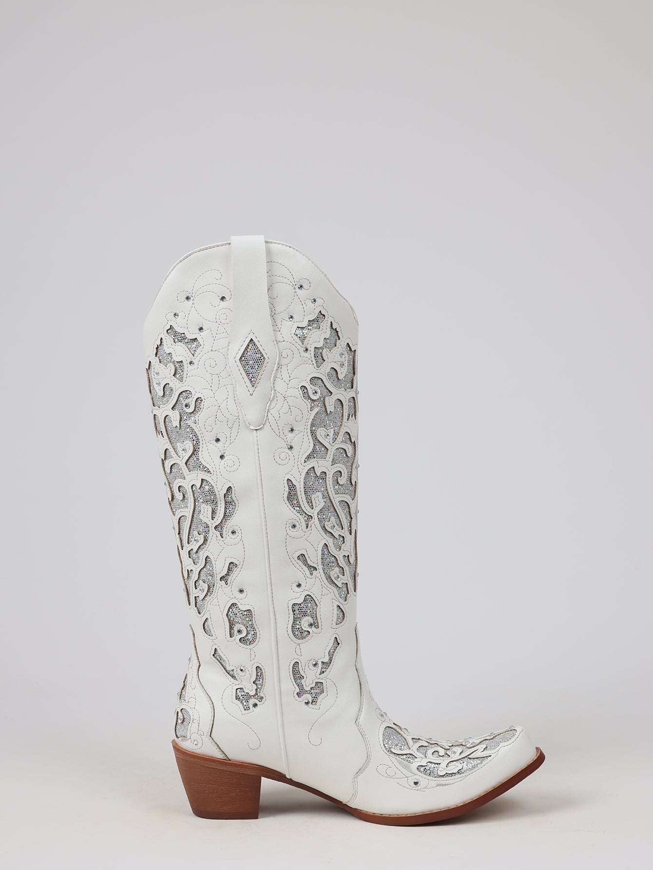 Glitter Cutout Pointed Toe Glamorous Cowboy Boots-White