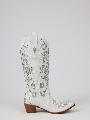 Glitter Cutout Pointed Toe Glamorous Cowboy Boots-White