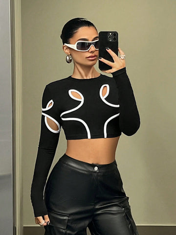 Cutout Contrast Trim Long Sleeve Tee