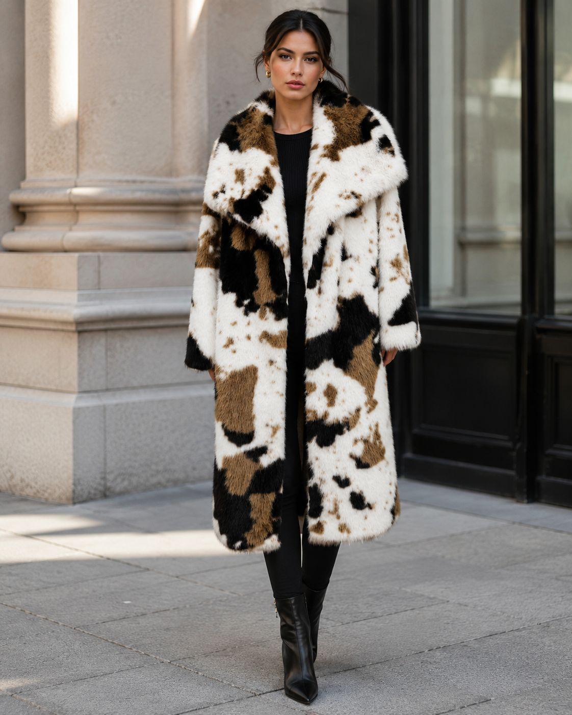 Luxurious Cow Print Faux Fur Coat