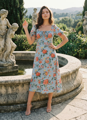 Floral Print Puff Sleeve Tie MidiDress