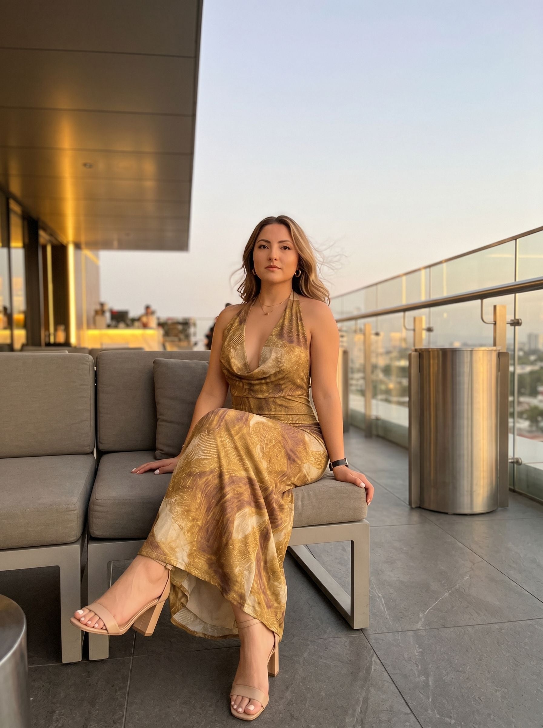 Tatiana Peñaloza's Gold Marble Print Midi Dress
