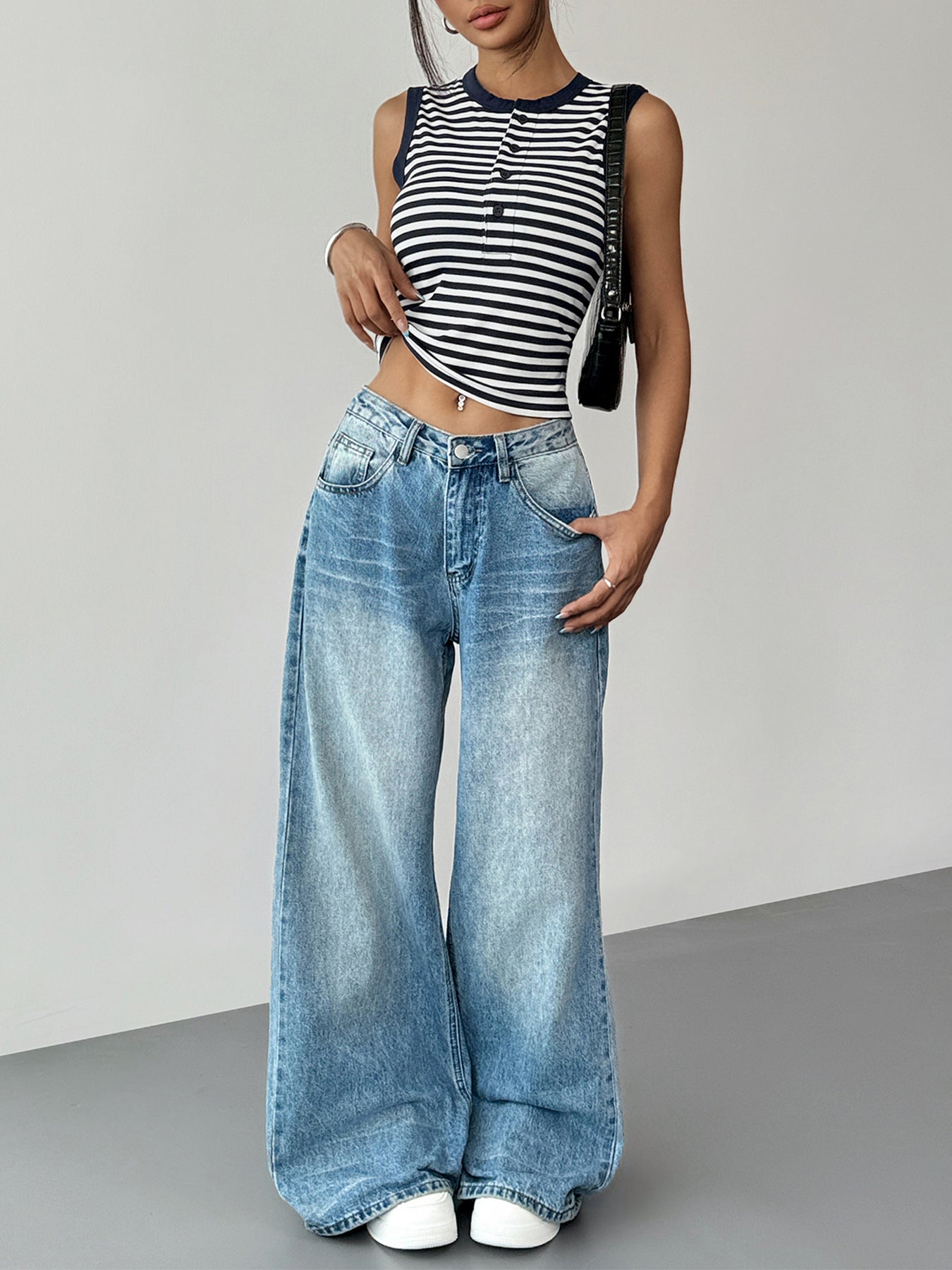Striped Henley Neck Sleeveless Retro Camisole