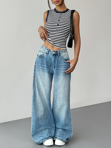 Striped Henley Neck Sleeveless Retro Camisole