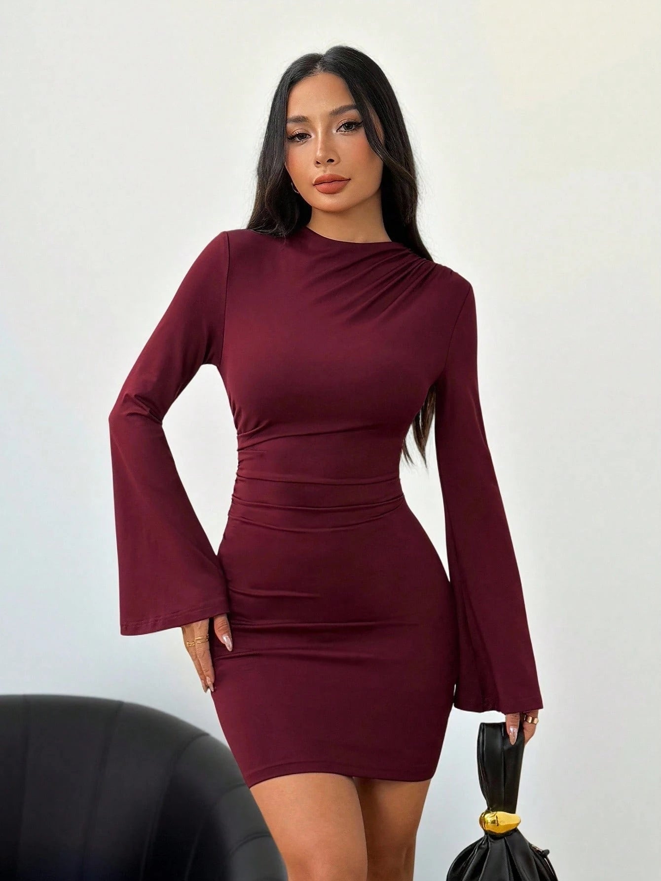 Ruched Bell Sleeve Bodycon Dress