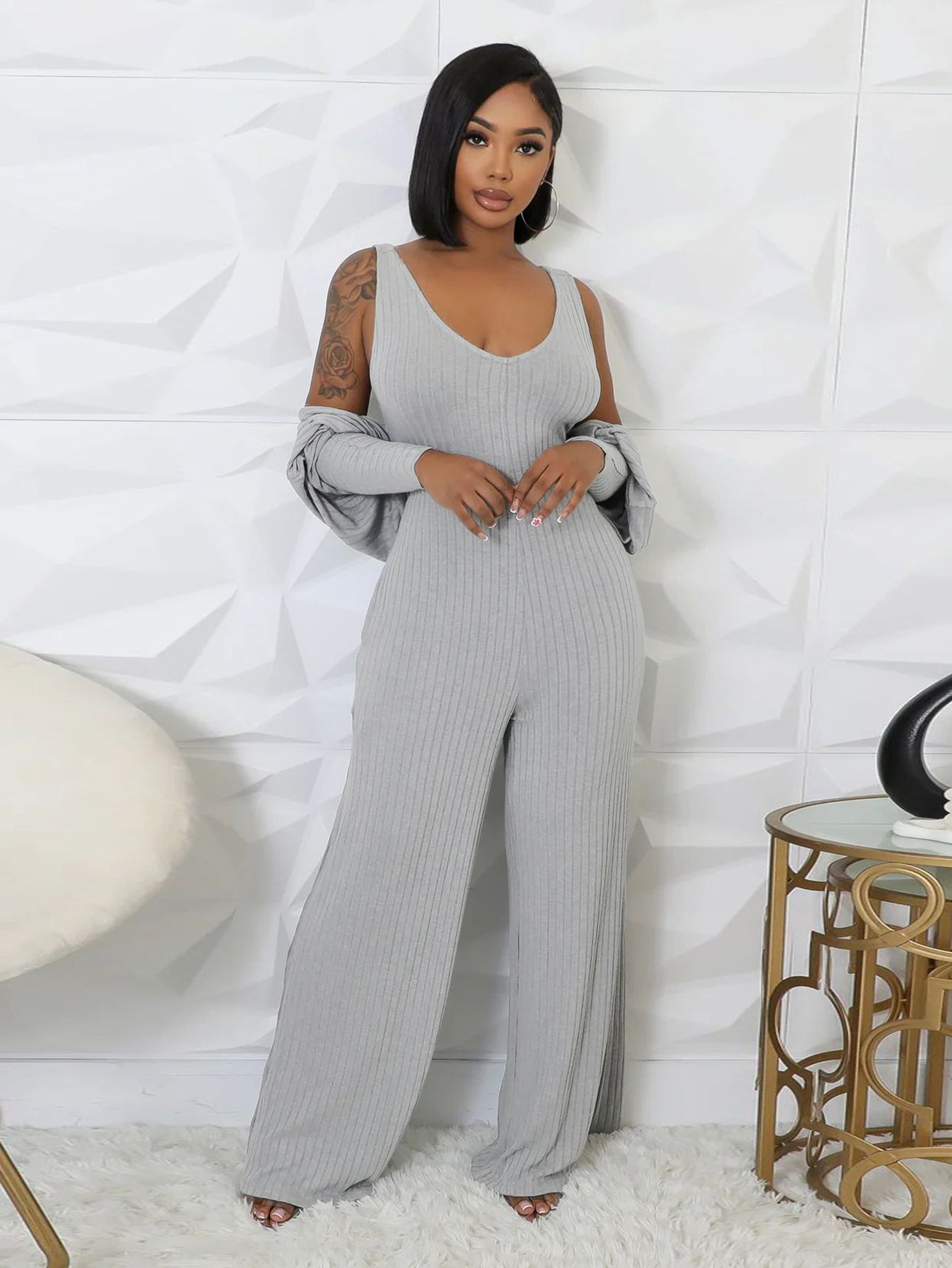 Deep V Neck Pockets Relaxed Jumpsuit