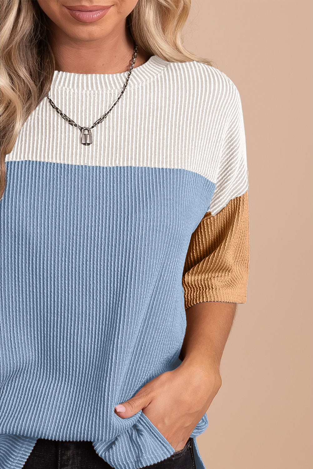 Colorblock Ribbed Knit Casual T-Shirt
