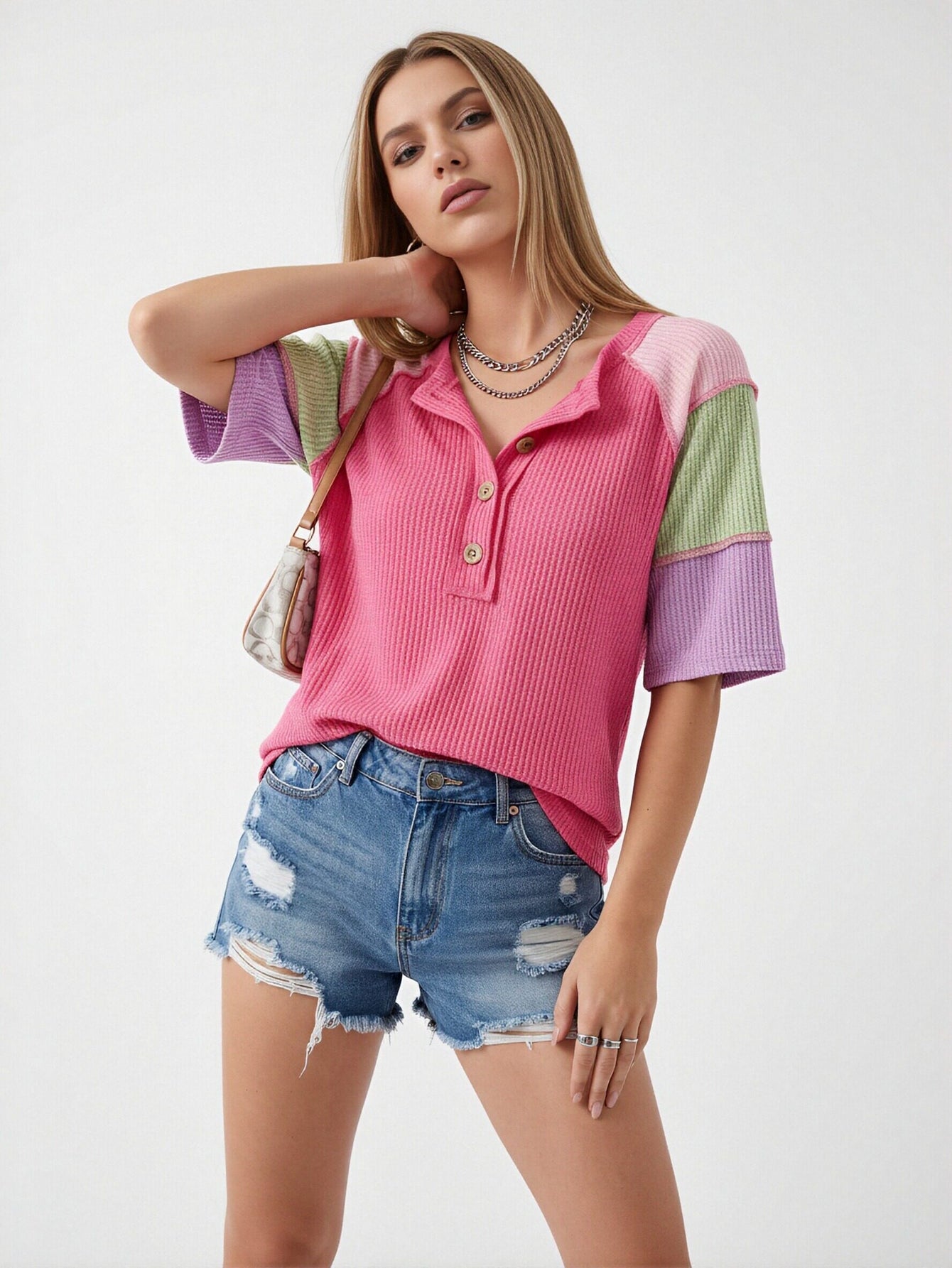 Color Blocked Button Up T-Shirt