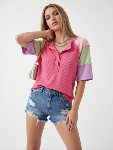 Color Blocked Button Up T-Shirt