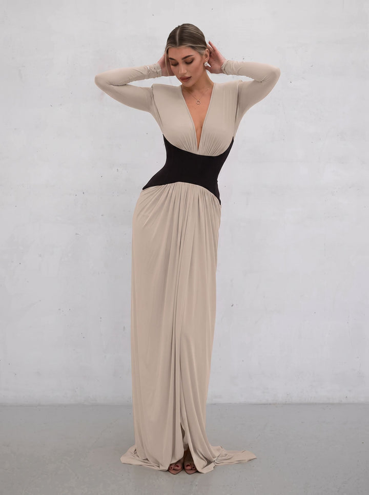 Elegant Colorblock Plunging Maxi Dress