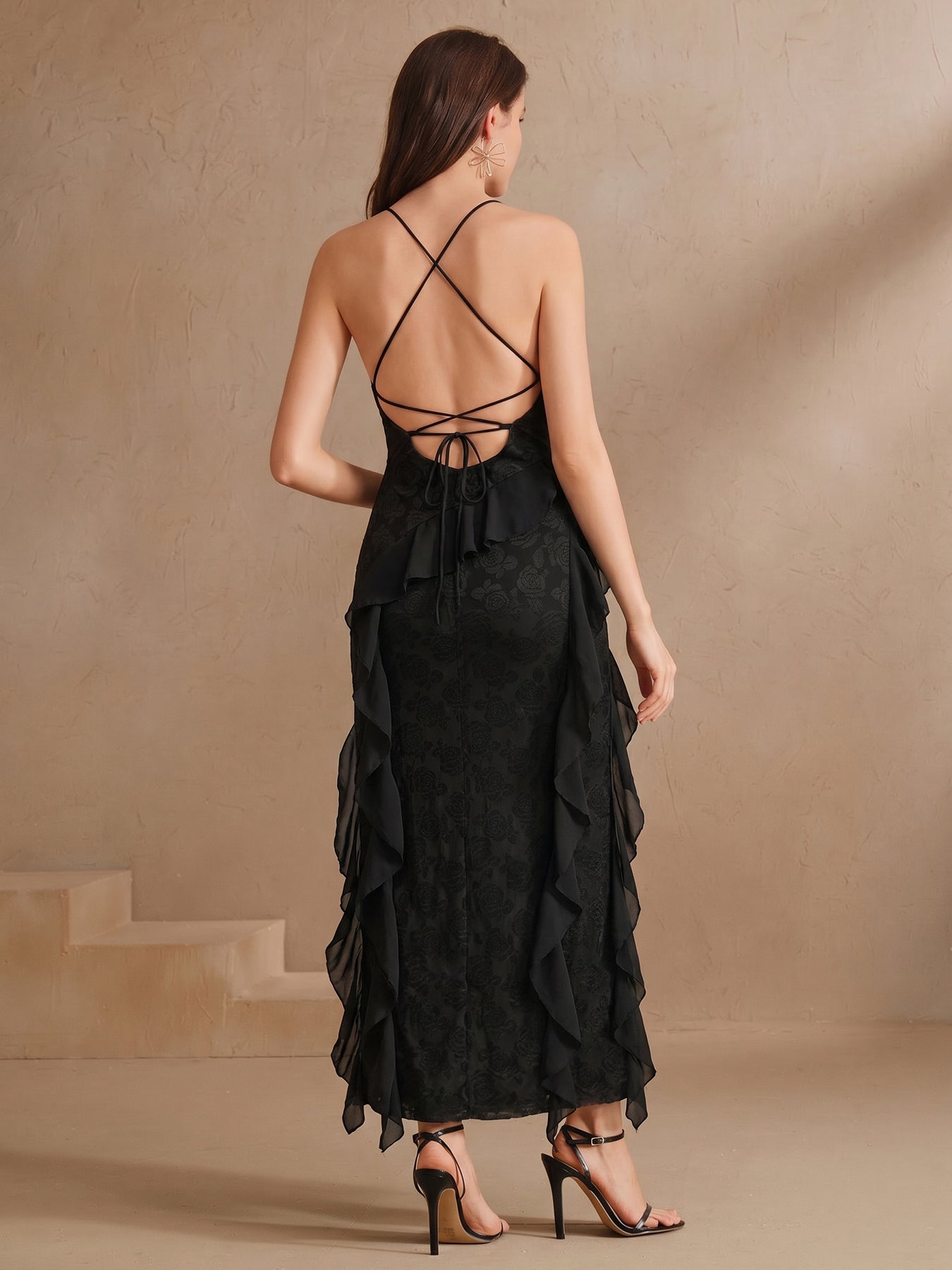 Ruffle High Slit Midi Dress