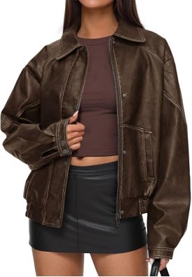 Oversized Brown Faux Leather Bomber Jacket