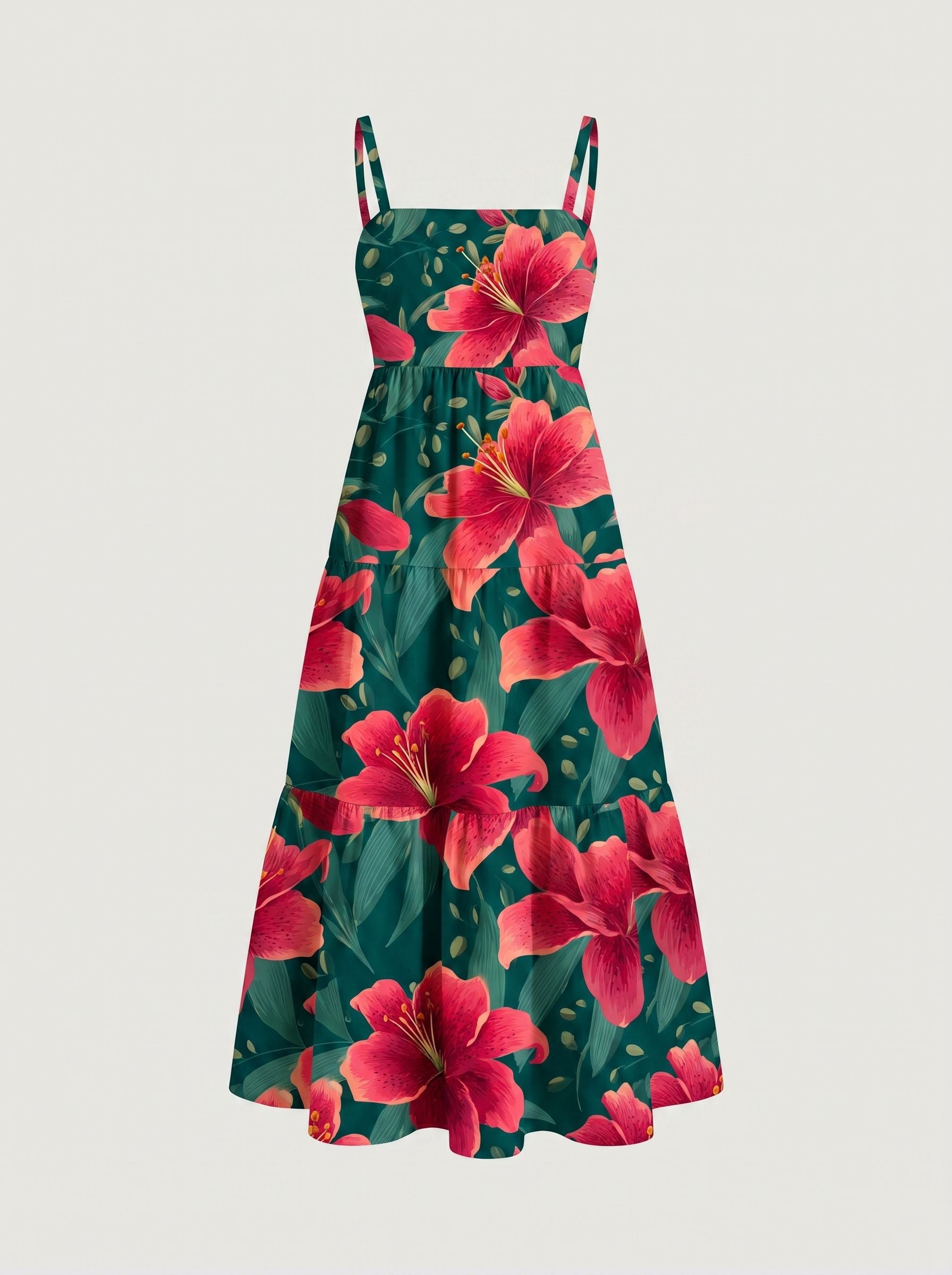 FLORA Floral Print Tiered Strap Midi Dress