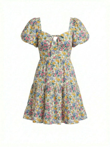 Floral Print Puff Sleeve Tiered Mini Dress
