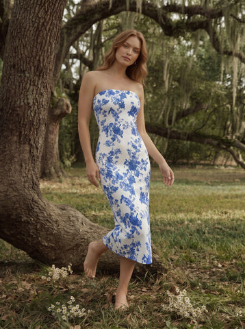 MAIA Blue Porcelain Print Strapless Sheath Midi Dress