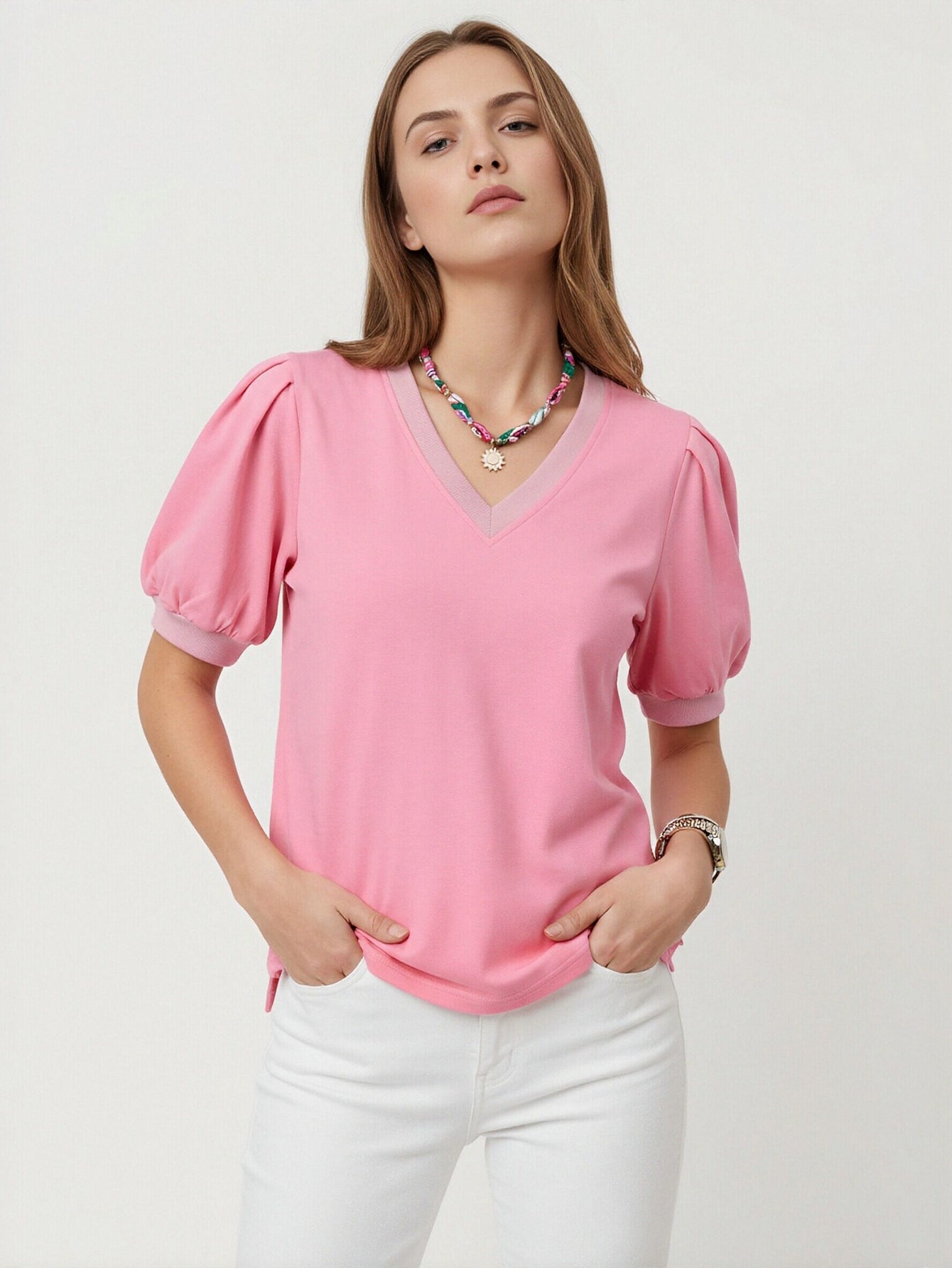 Puff Sleeve V Neck Romantic T-Shirt