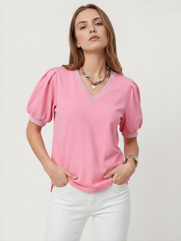 Puff Sleeve V Neck Romantic T-Shirt