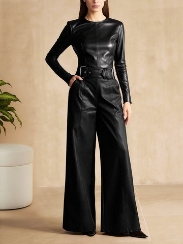 High Waisted Belted Faux Leather Pants