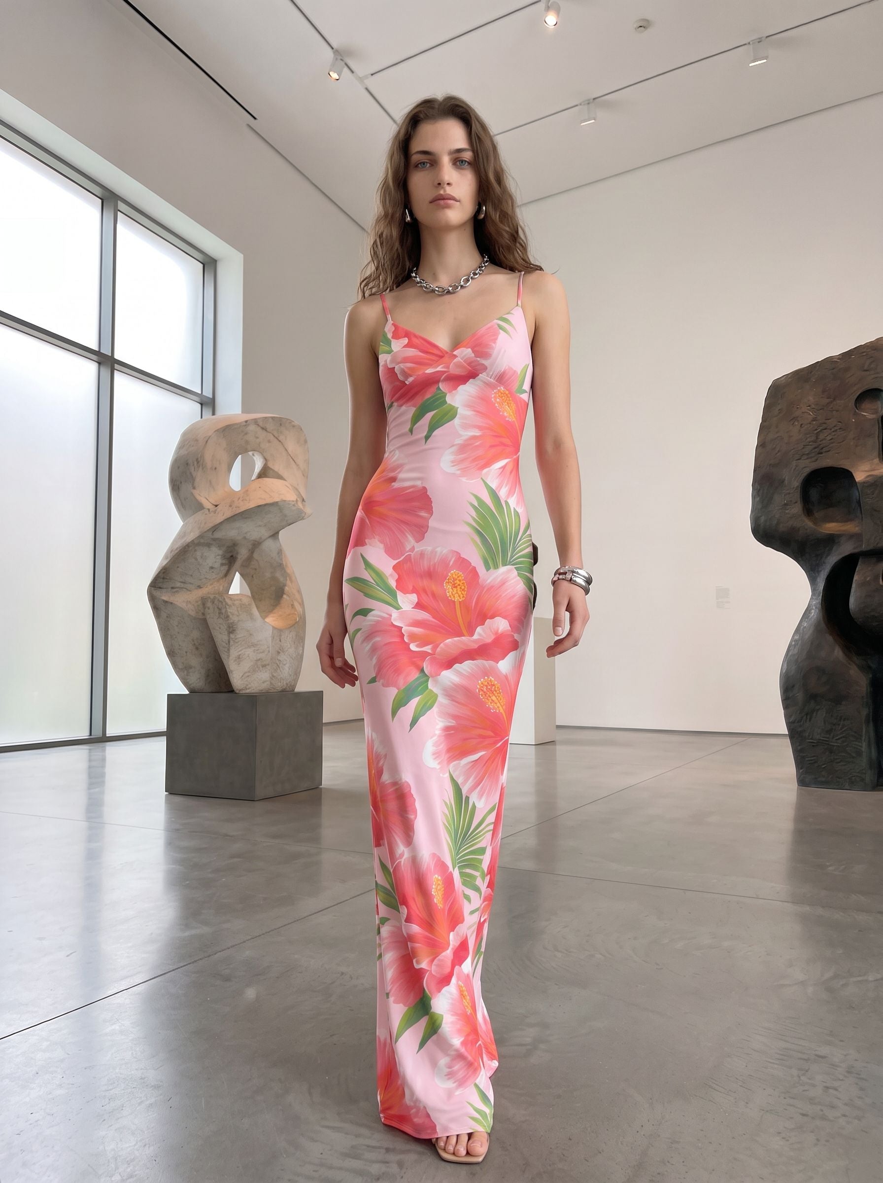 elainefox536's Pink Hibiscus Print Maxi Dress