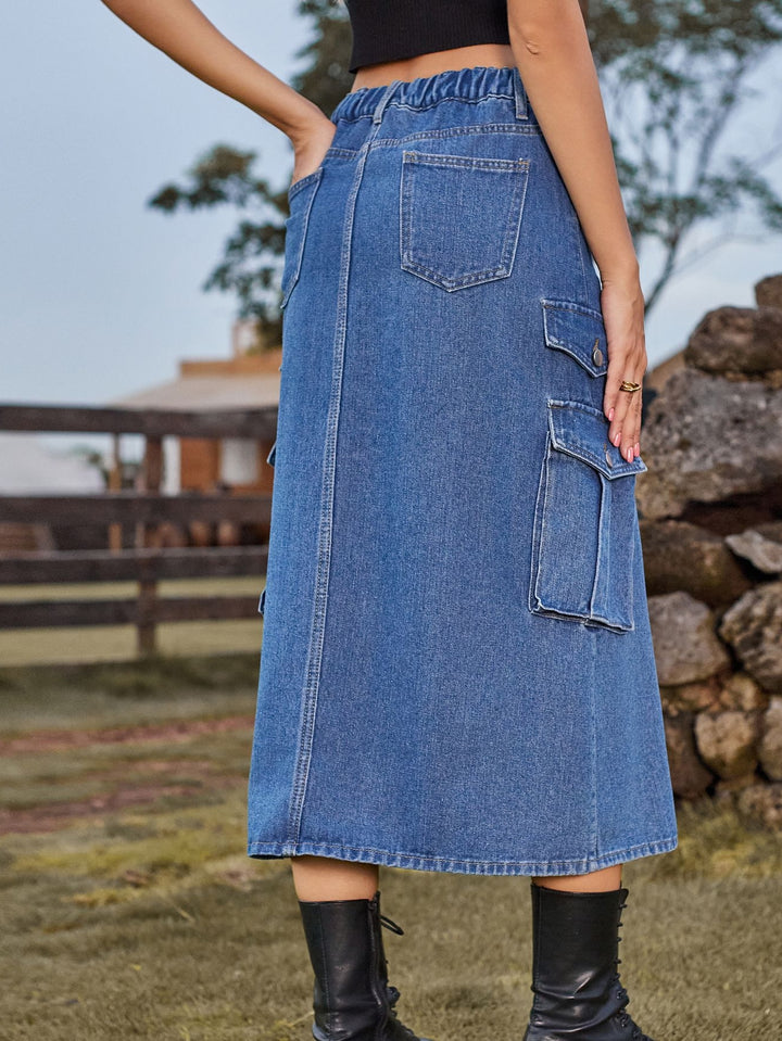 High Slit Cargo Denim Skirt