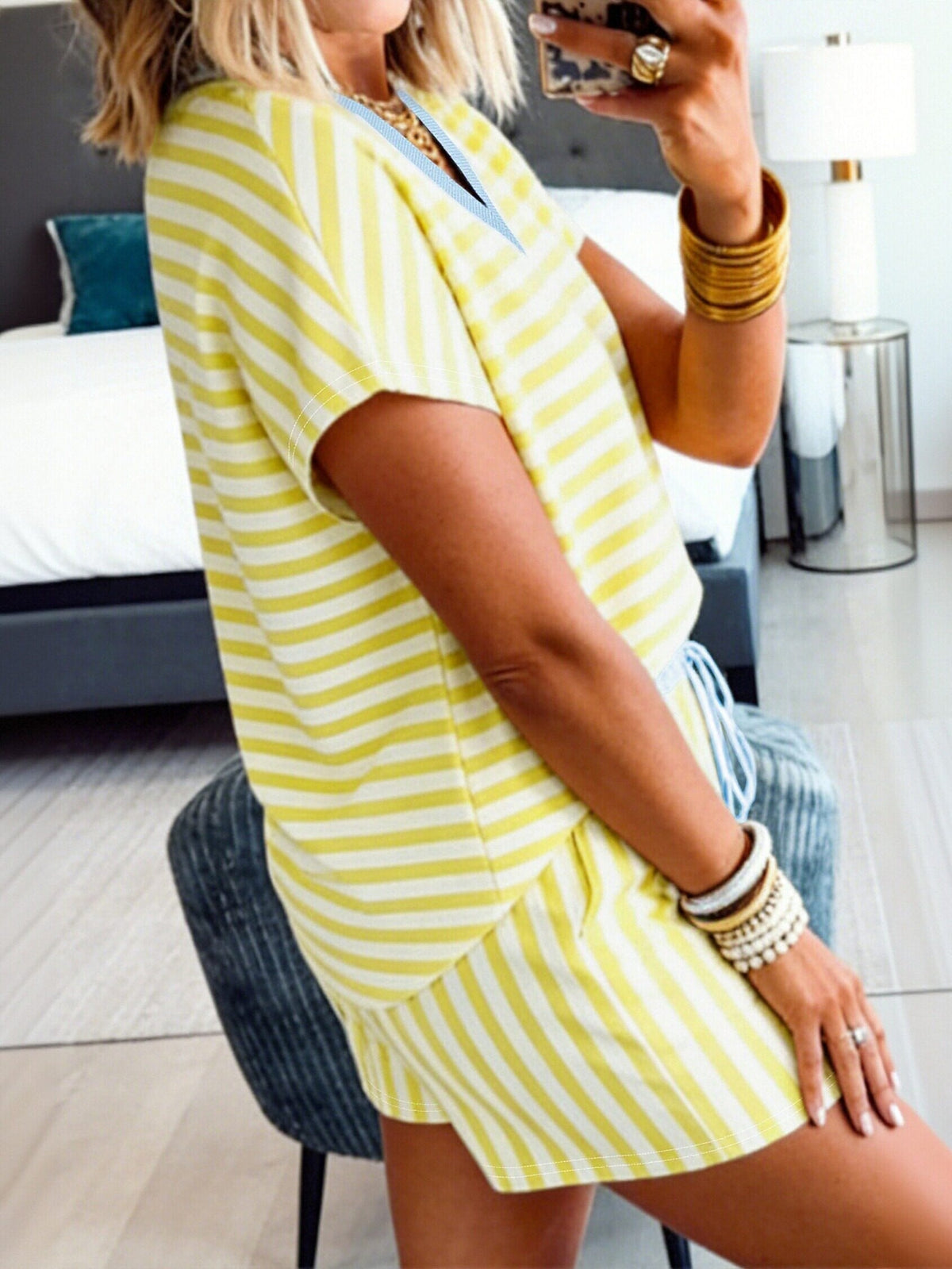 Casual Striped V Neck Shorts Set