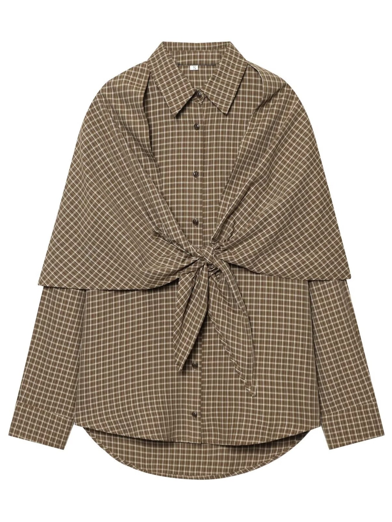 Draped Plaid Tie Front Button Shirt