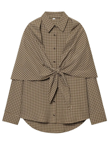 Draped Plaid Tie Front Button Shirt