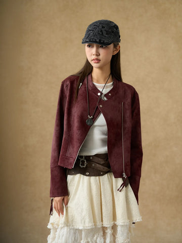 Burgundy Suede Moto Biker Jacket