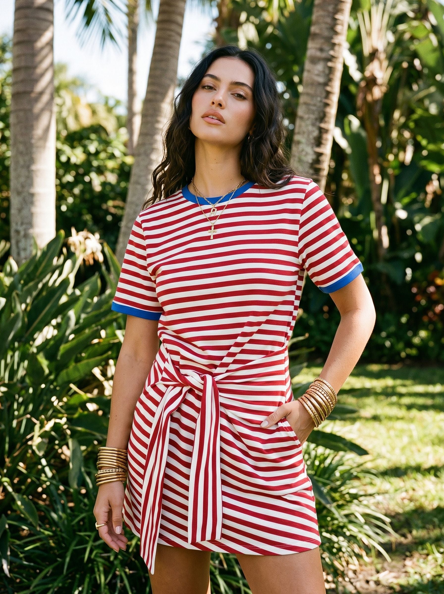 Striped Tie Front T Shirt Dress