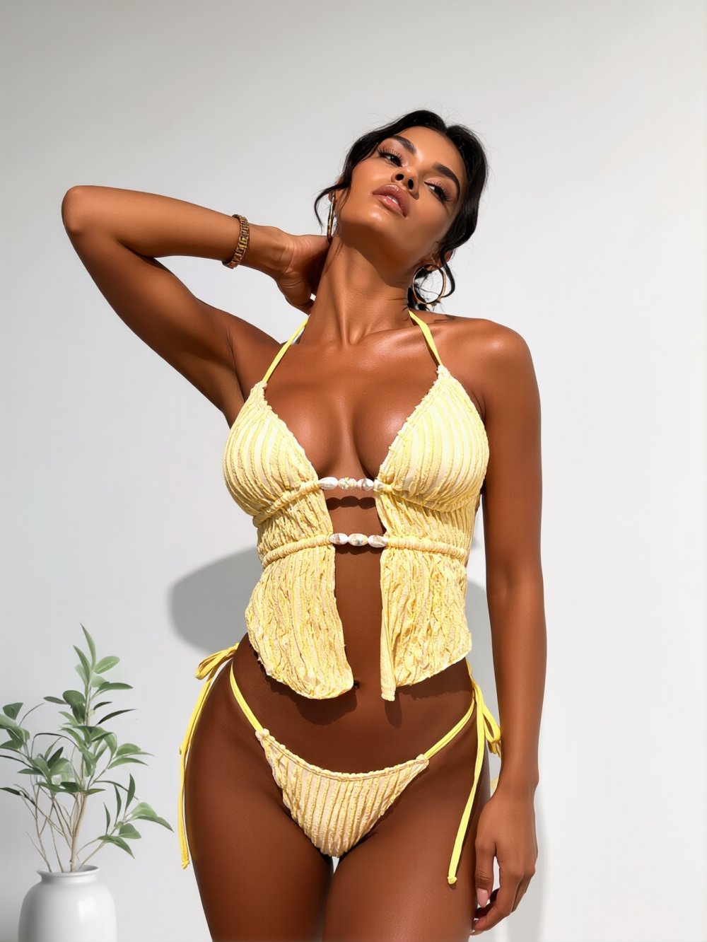 Textured Halter Tie Side Bikini Set