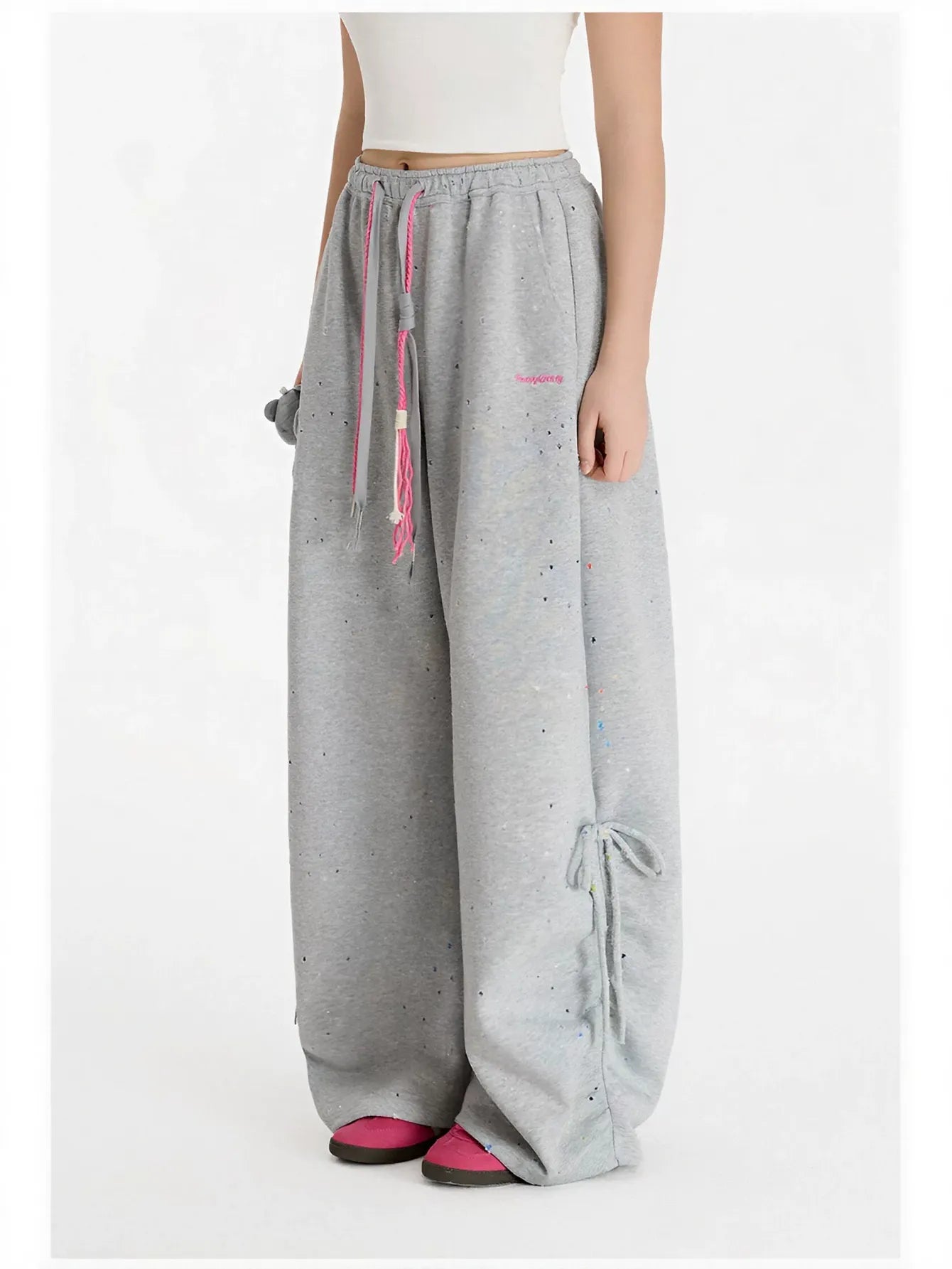 Drawstring Splatter Print Wide Leg Pants