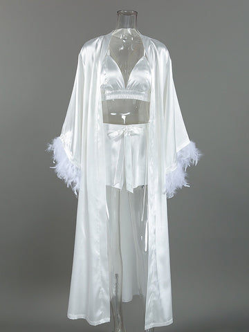 Feather Trim Satin Pajama Set