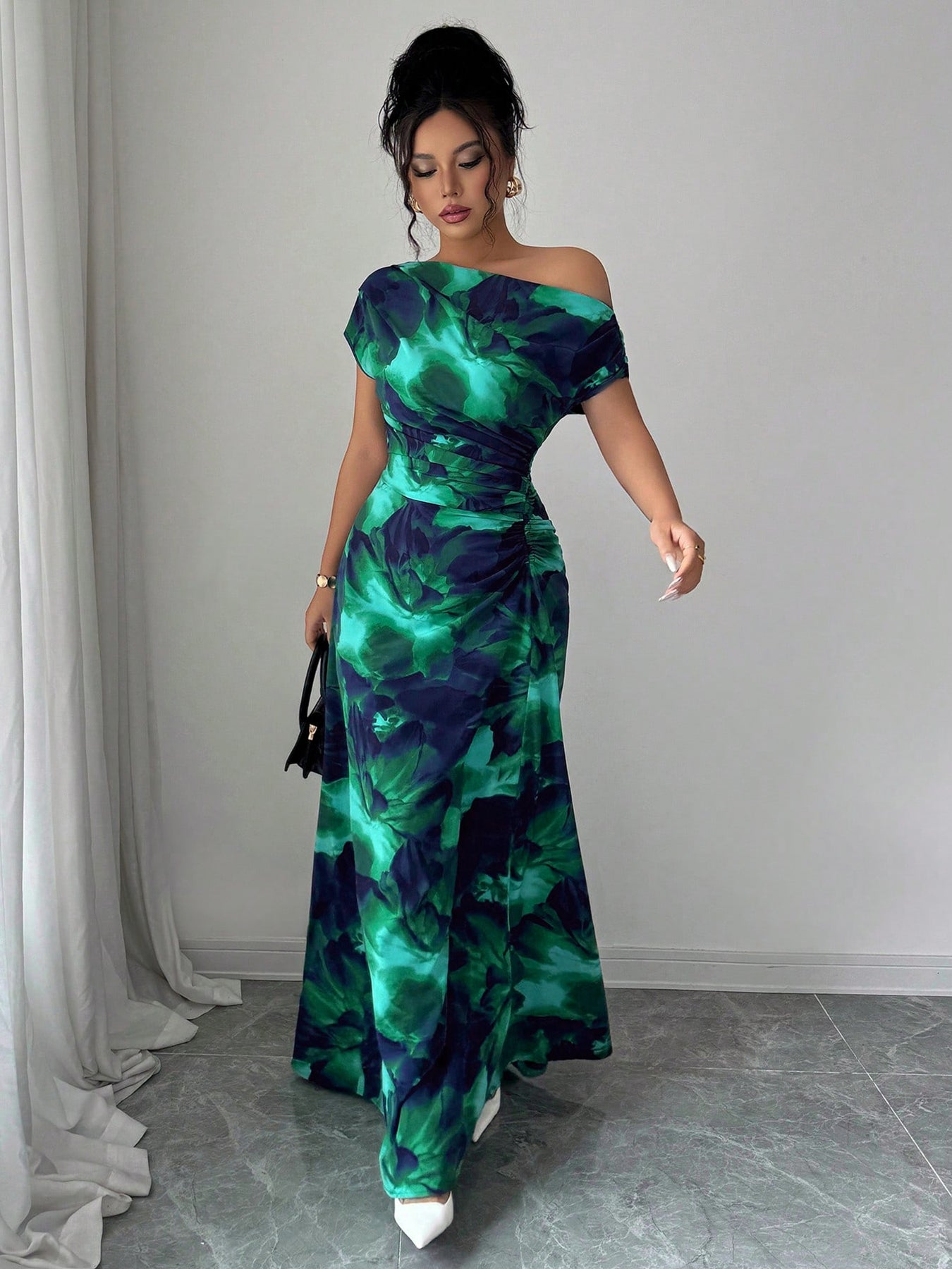 Tropical Print Off-Shoulder Vacation Midi Dress-Green