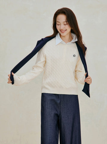 Embroidered Cable Knit Wool Blend Sweater