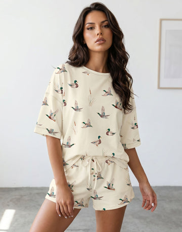 Cozy Duck Print Lounge Shorts Set