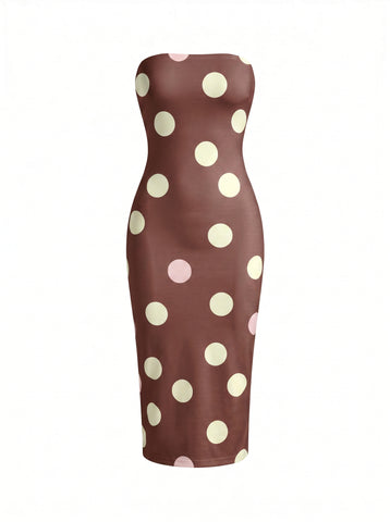 MAIA Retro Polka Dot Print Strapless Sheath Midi Dress