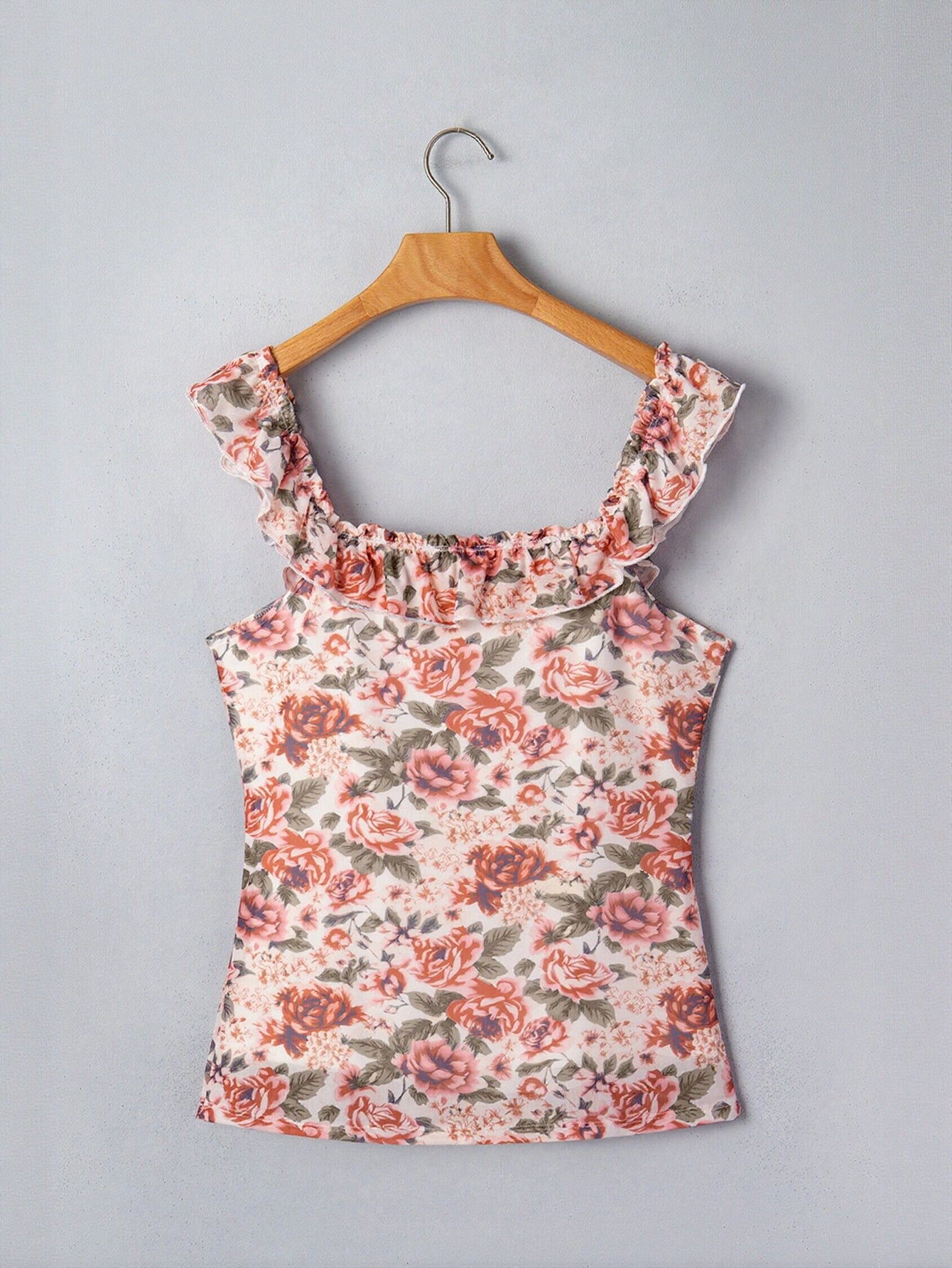 Floral Ruffle Trim Square Neck Tank
